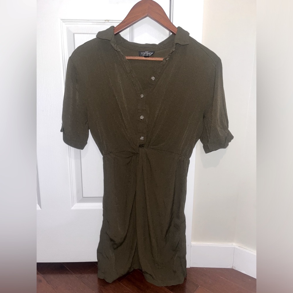 Top Shop Button-Up Twist Mini Dress in Army Green